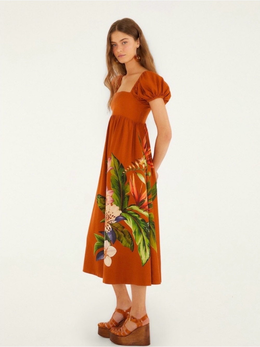 FARM Rio Rust Floral Square-Neck Midi Dress - Picture 2 of 9